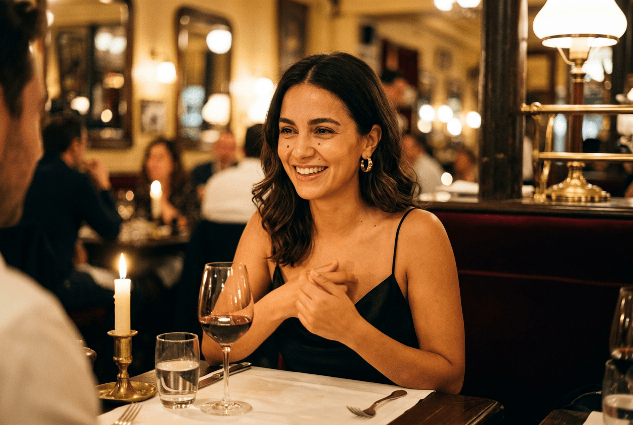 Fictional AI model — dinner scene in Paris